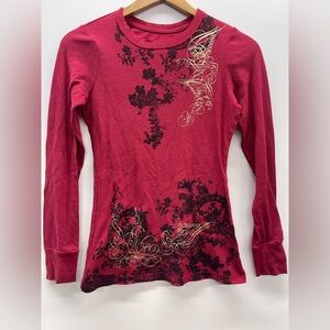 Calvin Klein Jeans Long Sleeve Red Thermal Top Black and Gold Graphic VTG Y2K